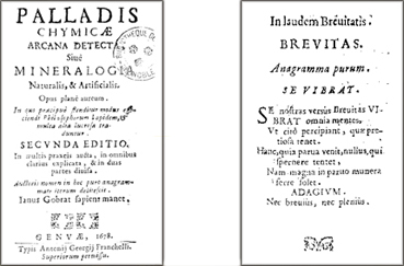 Frontispice et première page de l'ouvrage de Johannes Baptista Marengus, publié à Gênes en 1678: PALLADIS CHYMICAE ARCANA DETECTA.