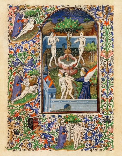 Adam et Eve au paradis, miniature d'un livre d'heures à l'usage de Paris.