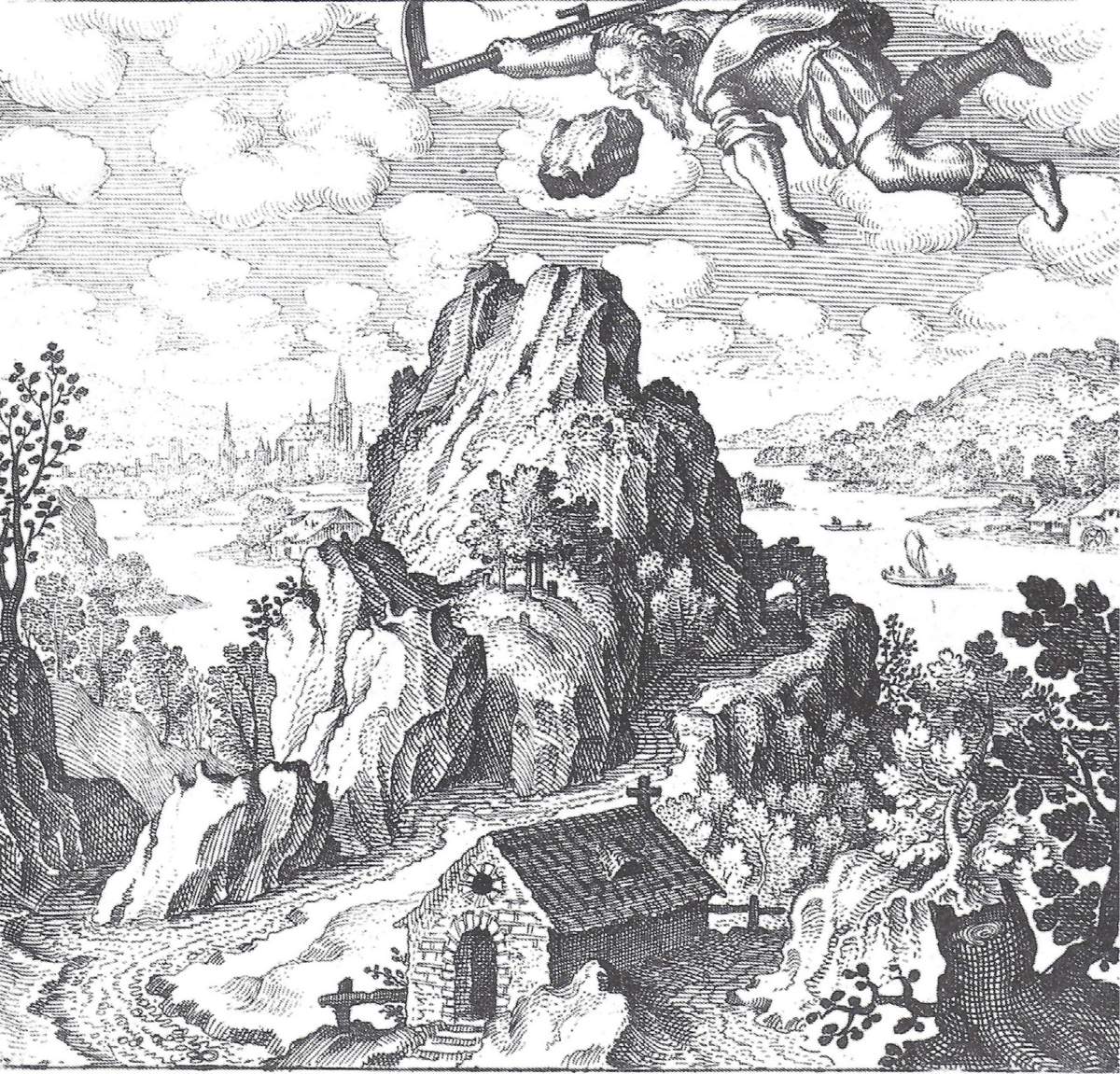 Atalanta fugiens, emblème XII « La pierre que Saturne avait dévorée à la place de son fils Jupiter et qu’il avait vomie est posée sur l’Hélicon, monument pour les mortels »
