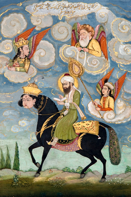 Mahomet lors de l'épisode du Voyage nocturne, chevauchant le cheval Bouraq, est entouré d'anges, dont l'archange Gabriel.