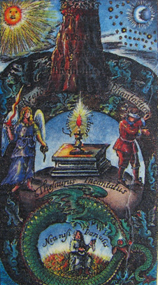 Gravure en couleur de l'édition du traité Lumen de lumine de Philalèthe, 1693.