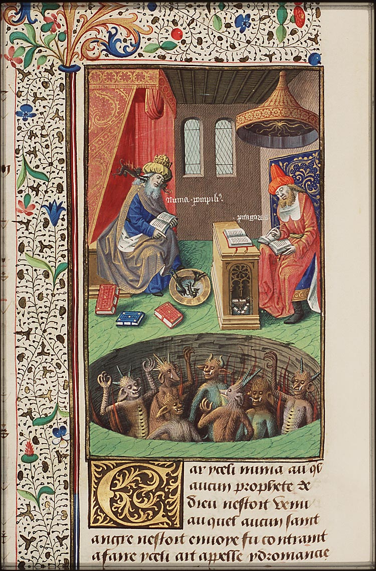 Numa Pompilius et Pythagore, enluminure du XV° siècle.