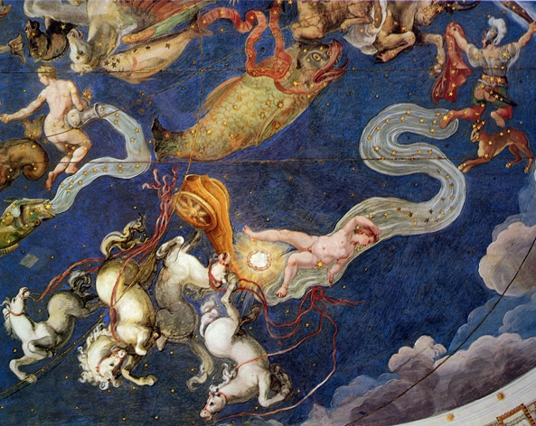 Fresque de la villa Farnèse, sala del Mappamondo - char du soleil, 1575.