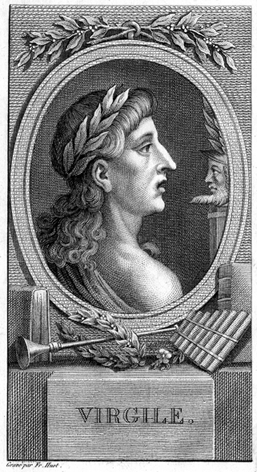 Portrait présumé de Virgile. Gravure de F. Huot dans l'édition des Œuvres de Virgile par l'abbé Des Fontaines (Paris, Billois, 1802). Wikipédia.