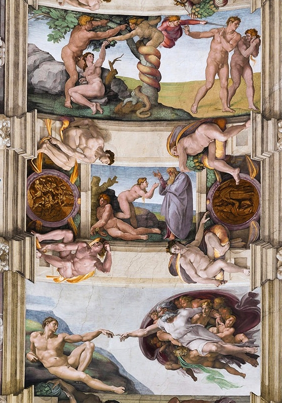 Au centre la création d’Ève. Fresque du plafond de la chapelle Sixtine réalisée par Michel-Ange (1509).