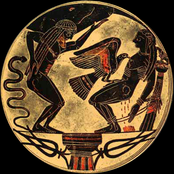 Prométhée enchaîné - Un aigle dévore son foie, Vase à figures noires, vers 560 - 550 avant J.-C.