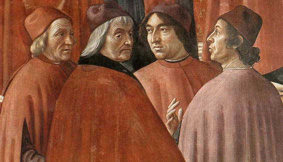 Marsilio Ficino (à gauche) avec ses disciples. Angelo Poliziano (1454-94), Jean Pic de la Mirandole (1463-1494) et Cristoforo Landino (1424-1498).